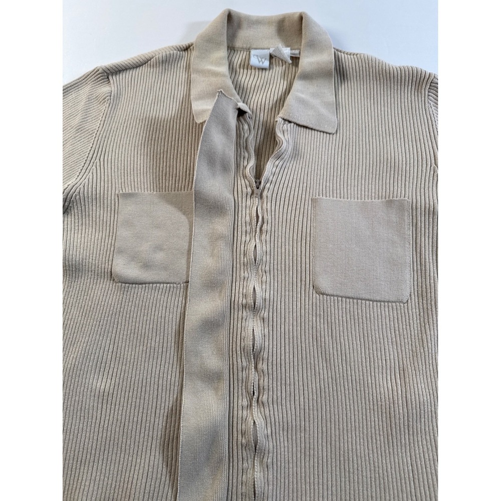 CW Womens Beige‎ Ribbed Knit Cotton Collared Zip Up Sweater Top Pockets Medium - Picture 5 of 7
